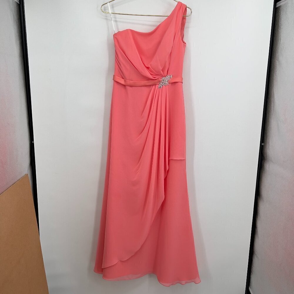 Sophia Tolli Coral One-Shoulder Evening Gown – Ruched Chiffon, Embellished Waist